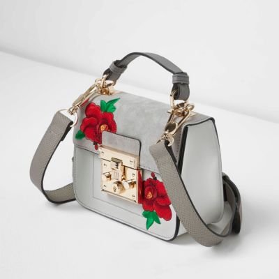 Grey floral embroidery lock front satchel bag